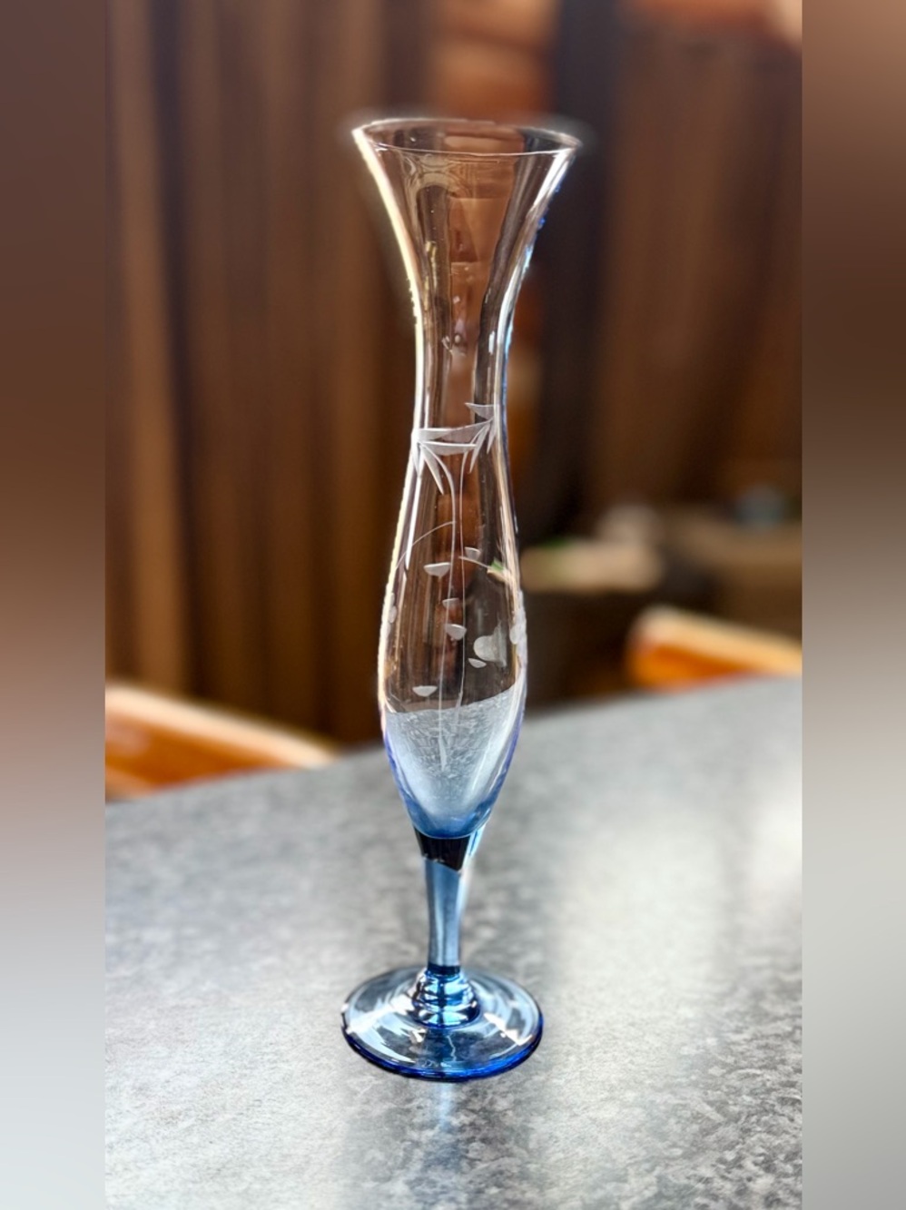 Vintage Blue Ombré Glass Bud Vase Etched Design w/a Footed Pedestal Base